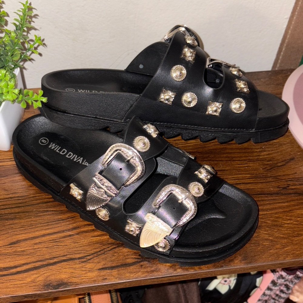 Wild Diva Black Sandals with Silver Accents